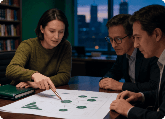 Consulting team analysing strategic data on a digital workspace